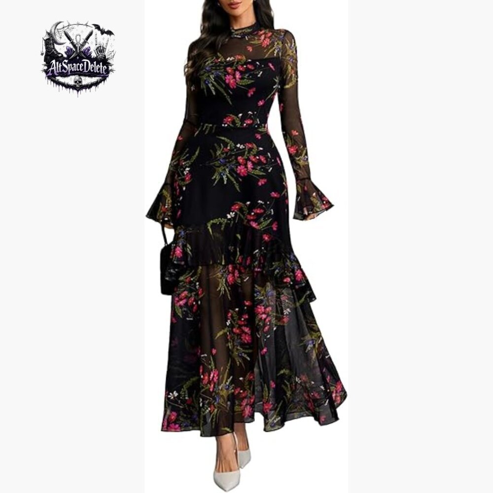 Sheer Mesh Bell Sleeve Maxi Dress Mermaid Hem Ruffle Gothic Formal